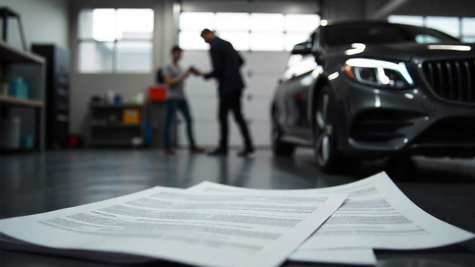 Auto mit Getriebeschaden in einer Werkstatt in Borken; Infografik mit Reparaturkosten und Verkauf.